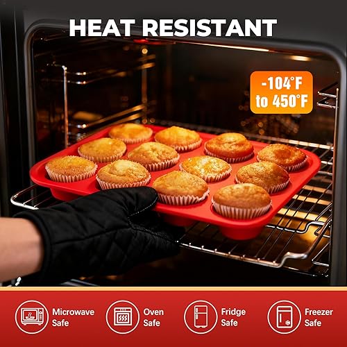 Miniatura 4 de Molde de silicona para panecillos para hornear Molde para magdalenas de 12 tazas con marco reforzado de metal, moldes de tamaño regular para