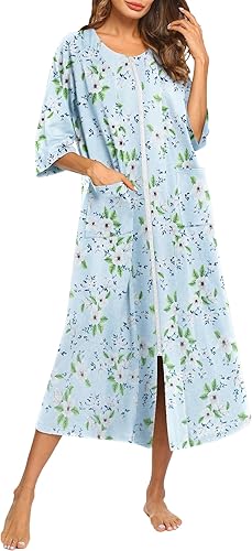 EKOUAER - Bata de manga media para mujer, con cierre, ropa de descanso, largo completo, con bolsillos, talla S-XXL