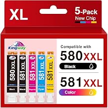 KINGWAY 580XXL 581XXL Ink Cartridges 5-Pack, Replacement for Canon 580 & 581 Ink Cartridges, Compatible with Pixma TS705 TR8550 TR7550 TS8350 TS8351 TS6350 TS6250 TS6251 TS6150 TS6151 TS8352 TS9550