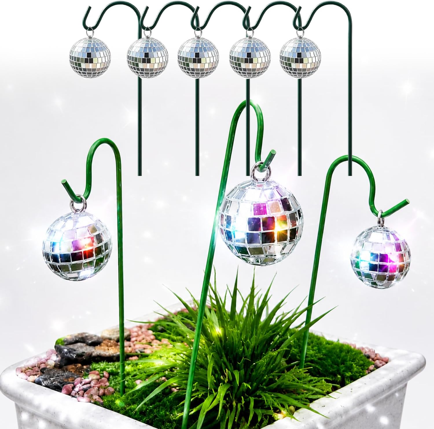 Small Disco Balls for Garden,Solar Disco Ball Garden Stakes, Silver Crackle Glass Mirror Disco Ball Plant Bulb, Discos Balls Hanging Planter ,1.2 in - 5PCS