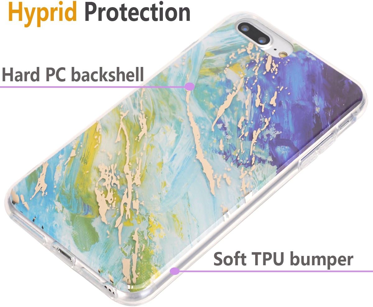 Spevert iPhone 7 Plus Case,iPhone 8 Plus Case,Marble Pattern Hybrid Hard Back Soft TPU Raised Edge Ultra-Thin Shock Absorption Protective Case for iPhone 7 Plus/iPhone 8 Plus - Blue Green