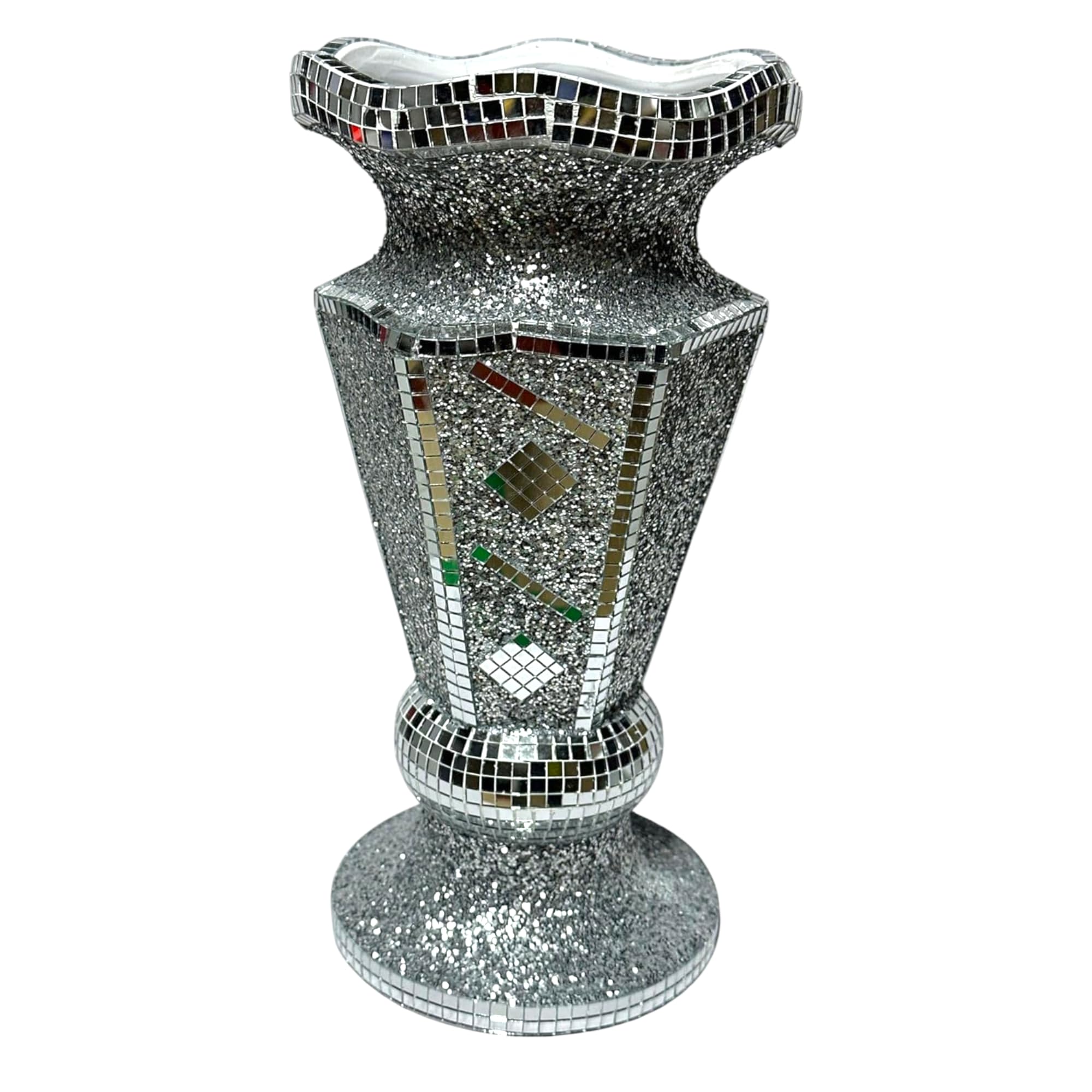 Jayogla Rust And White Crushed Diamond Decorative Vase, 30 Cm, Silver Sparkle Mirrored Mosaic, Italian Style Crystal Glitter Centrepiece