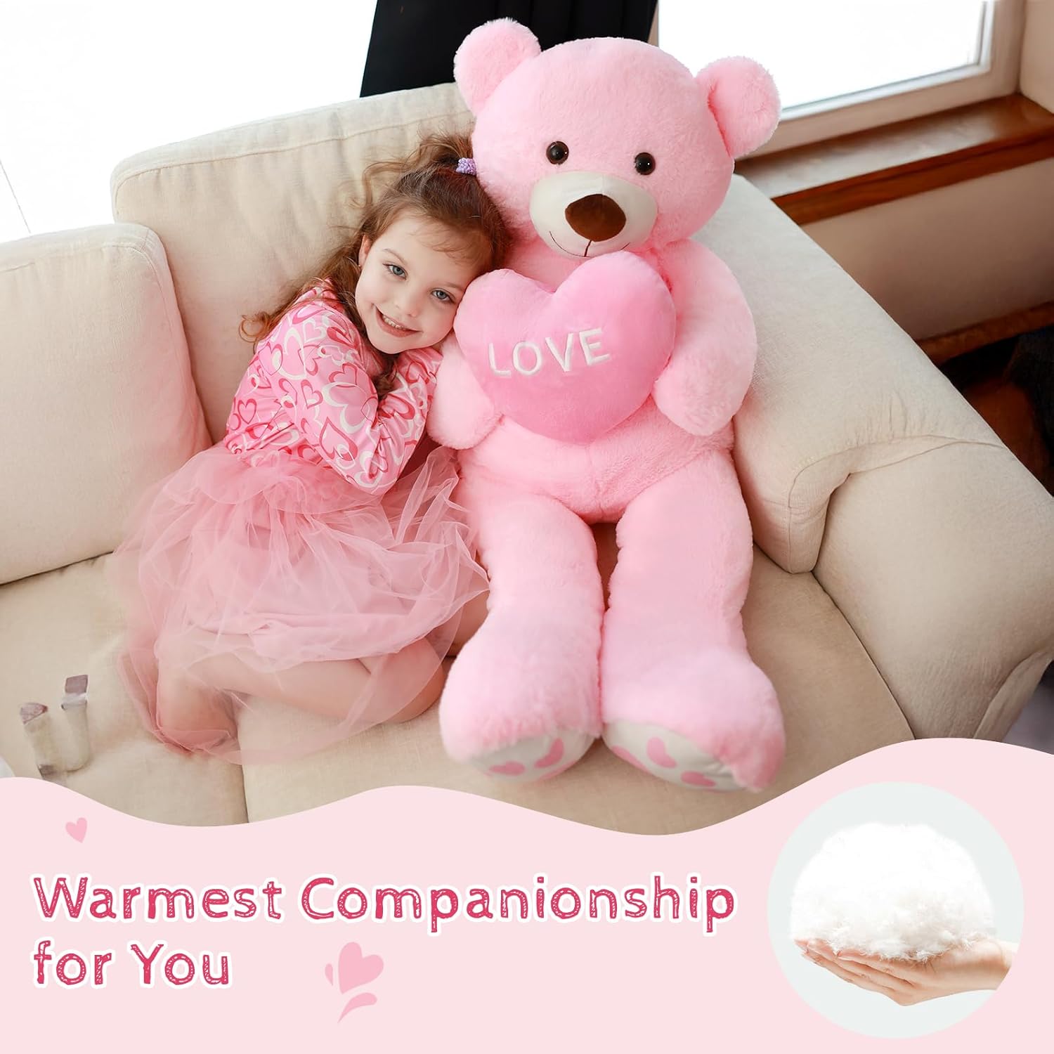 36" Big Valentines Teddy Bear Stuffed Animal, Soft Cute Large Pink Teddy Bear Plush with Red Heart, Love Stuffed Bear Plushie as for Girlfriend Wife Kids, Baby Shower Decor