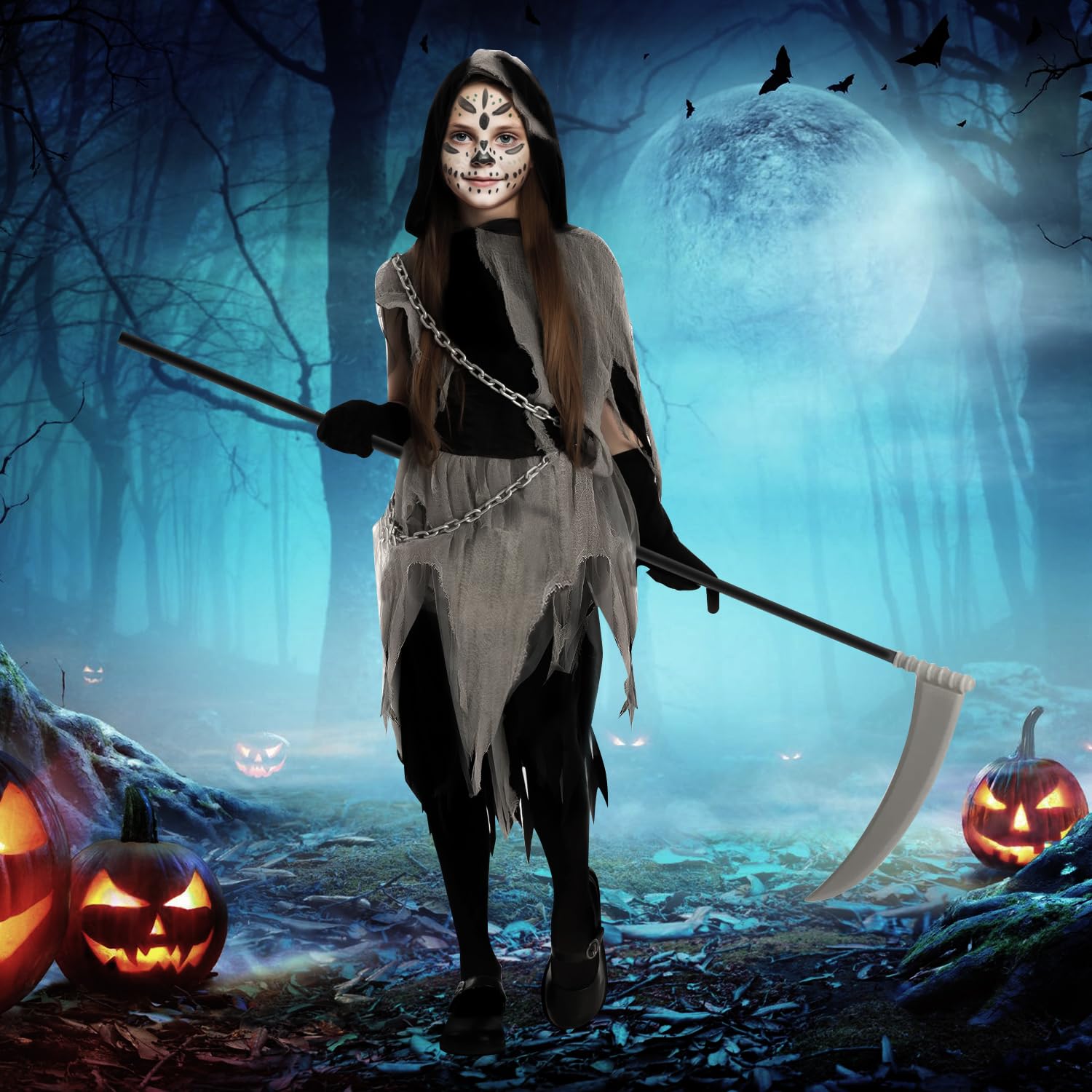 PATRICHOR Disfraz Carnaval Niñas, Disfraces Halloween para Niños con Guadaña Capa con Capucha y Vestido, Traje Halloween Conjunto para Carnaval Cosplay Despedida Soltera Fiesta