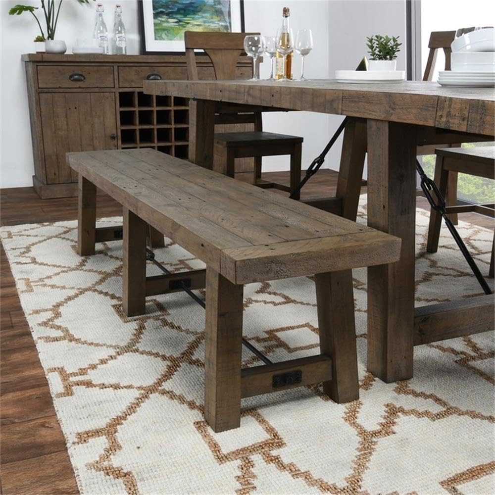 Pemberly Row Transitional Reclaimed Pine Bench, 74 in Wide, Weathered Brown Finish, Seats up to 3, Metal Turnbuckle Accents, Hand-Finished Dining or Kitchen Room Seating