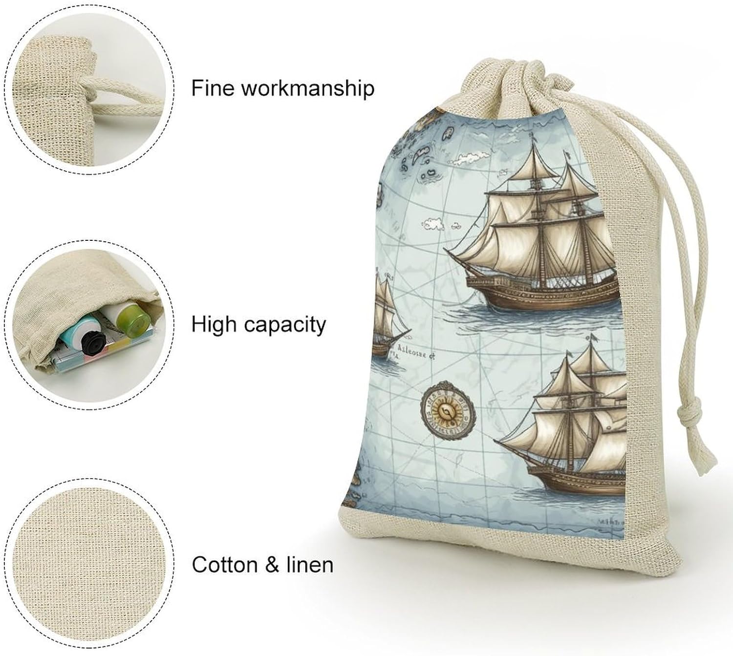 FekiLoot Boat Map Cotton Linen Drawstring Bags Pack of 8 image 3