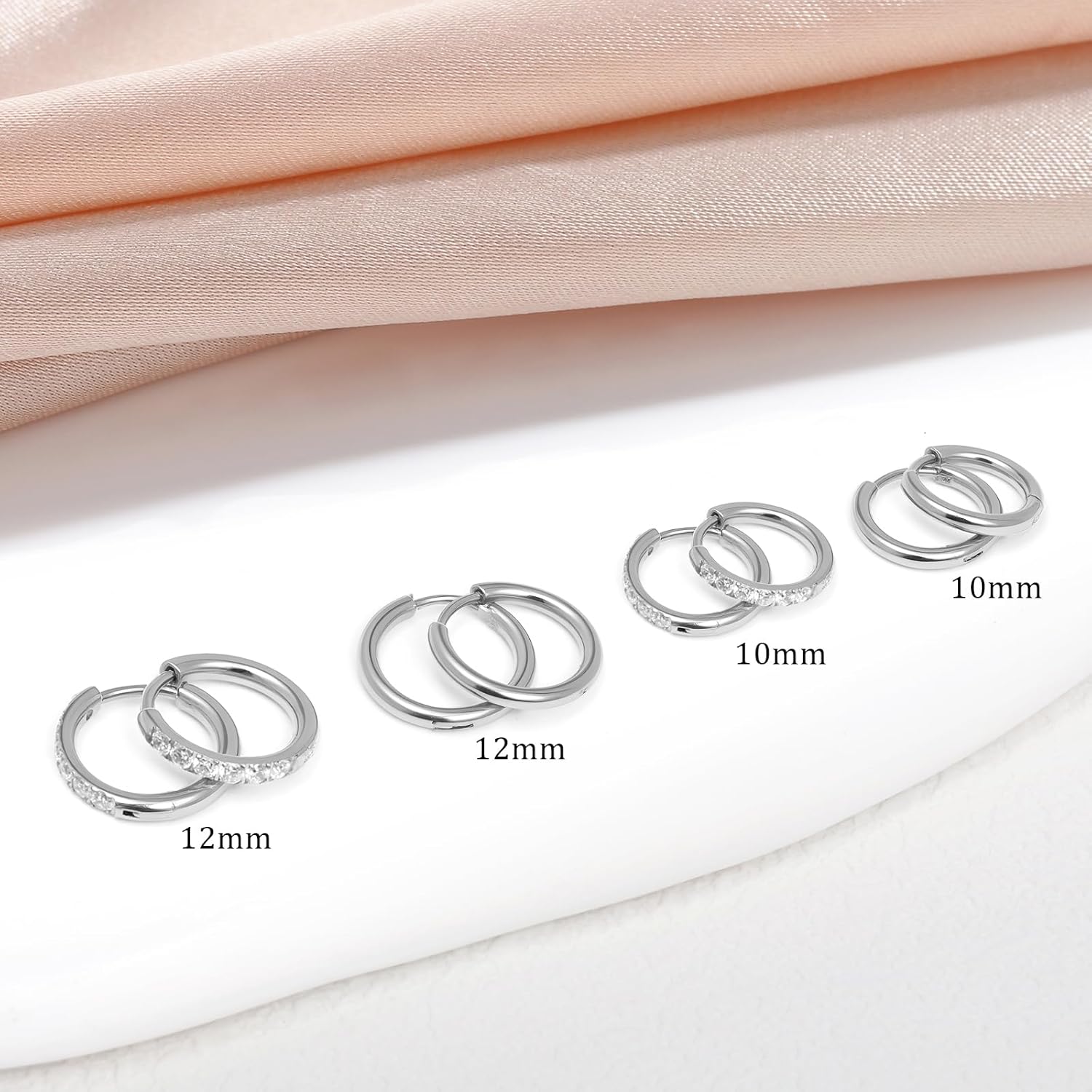 Huggie Gold Hoop Earrings - Small Hoop Earrings for Women 4 Pairs 18K Gold Plated 316L Surgical Steel Hypoallergenic Cubic Zirconia Earrings Set Jewelry Gift 10mm 12mm Silver - Image 5