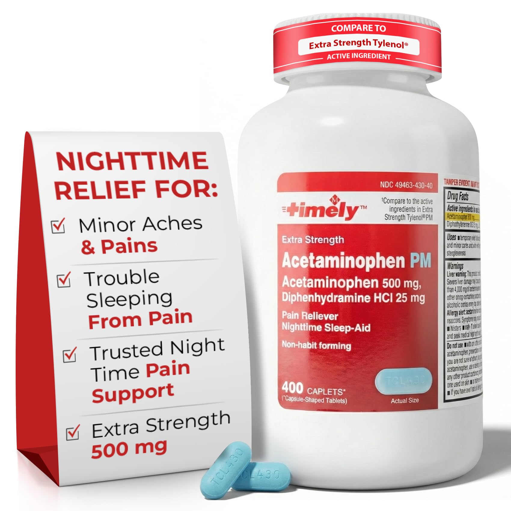 TIME-Cap Labs 400 Caplets Extra Strength Acetaminophen 500mg PM & Diphenhydramine HCl 25mg - PM Pain Reliever & Sleep Aid, Helps with Occasional Headaches & Minor Aches & Pains