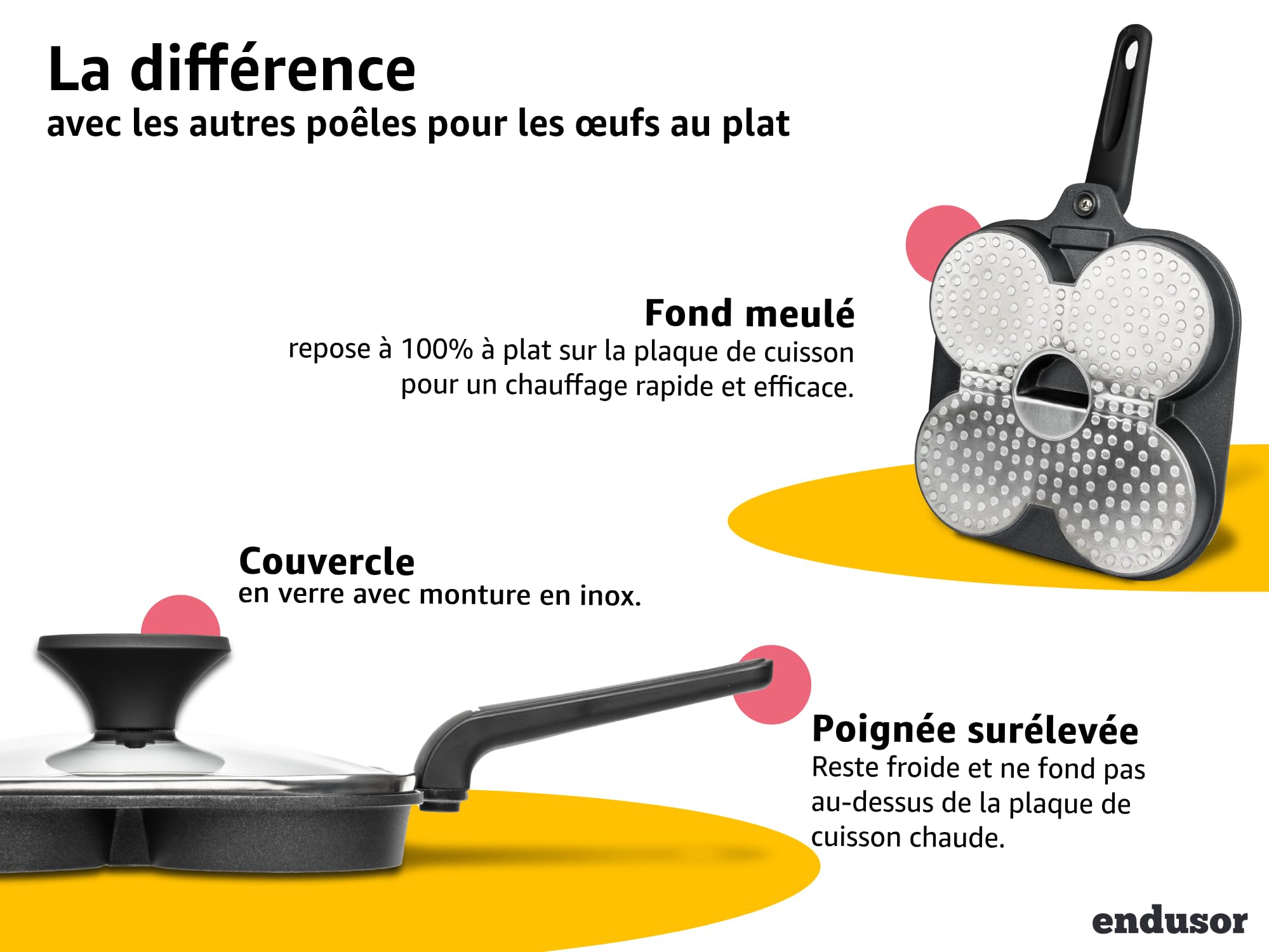 endusor Poele Pancakes et oeuf au plat - Poele de 21 cm adaptée à toute cuisinière + revêtement anti-adhésif & couvercle | Induction Gaz Céramique Électrique Halogène | 4 trous pour oeuf crêpe