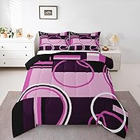 Vista 15 de Moderno juego de ropa de cama de color morado, negro y gris, edredón de círculos geométricos con espirales, edredón acolchado a rayas abstractas a