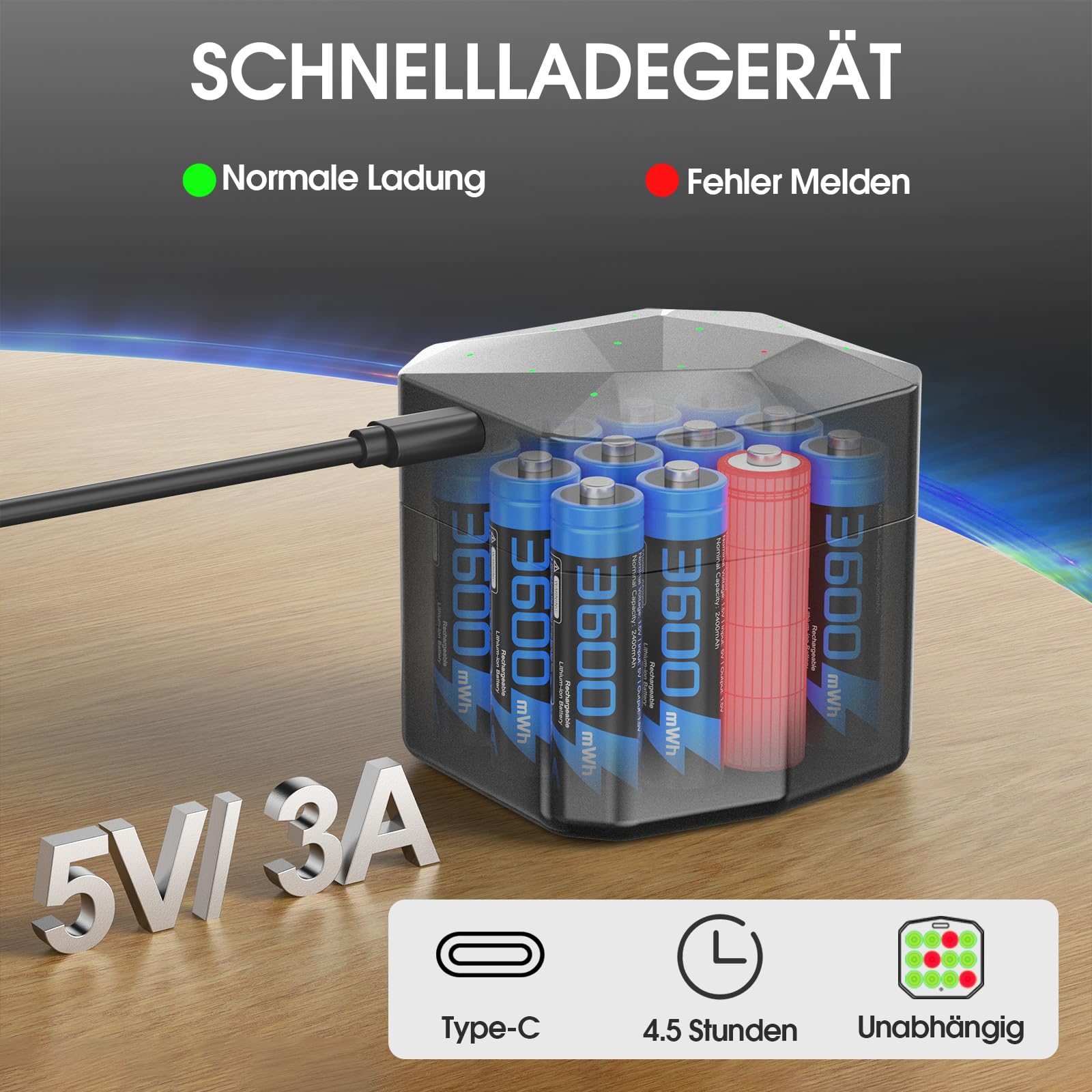 Batterie al litio ricaricabili AA con caricabatterie, 1,5 V, 3600 mWh, ad alta capacità, 2000 cicli, ricaricabili a lungo (blu)