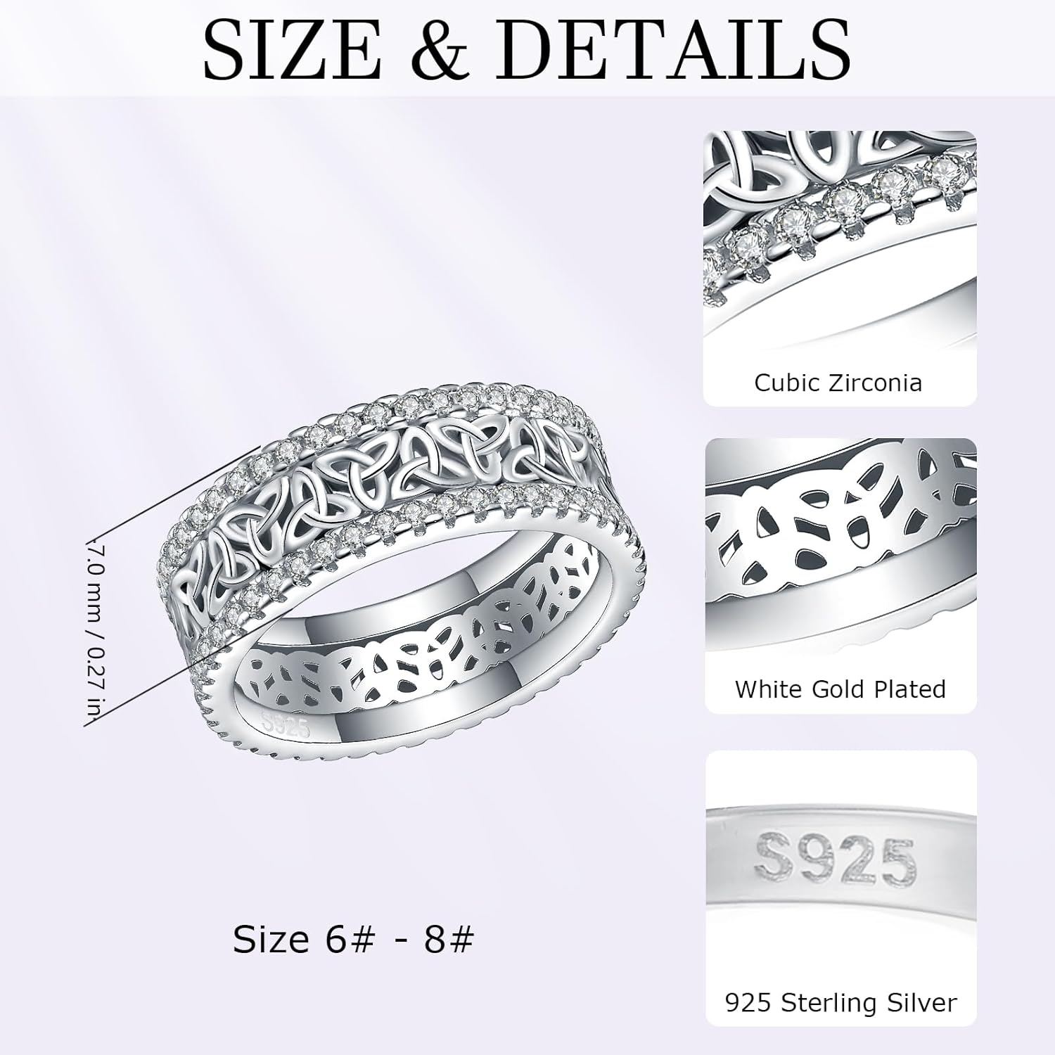 Celtic Eternity Wedding Bands Women - 925 Sterling Silver Cubic Zirconia Irish Promise Engagement for Her Size 5-9