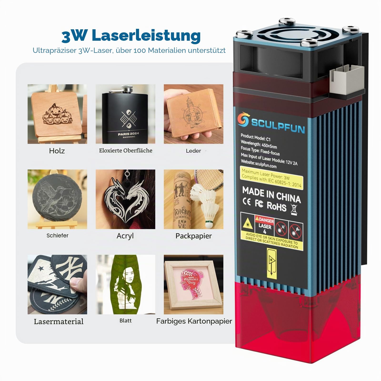 SCULPFUN C1 Mini Lasergravierer, Tragbare 3W Lasergravurmaschine mit 0,04 mm ultrafeinen Punkt, Keine Installation Erforderlich Laser Graviermaschine für Anfänger, Gravur Gerät für Holz Metall