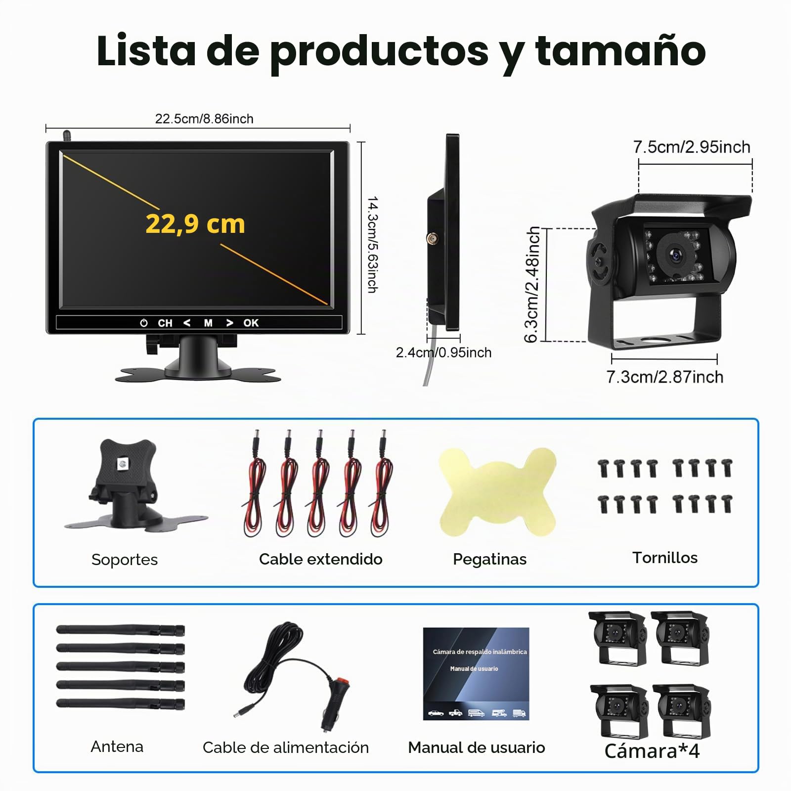 Kit de 4 cámaras traseras inalámbricas HD 1080P, Monitor LCD Podofo de 9 Pulgadas con 4 cámaras de Respaldo para Remolque, Autocaravana, camión, autobús, detección de Punto Ciego y líneas guía