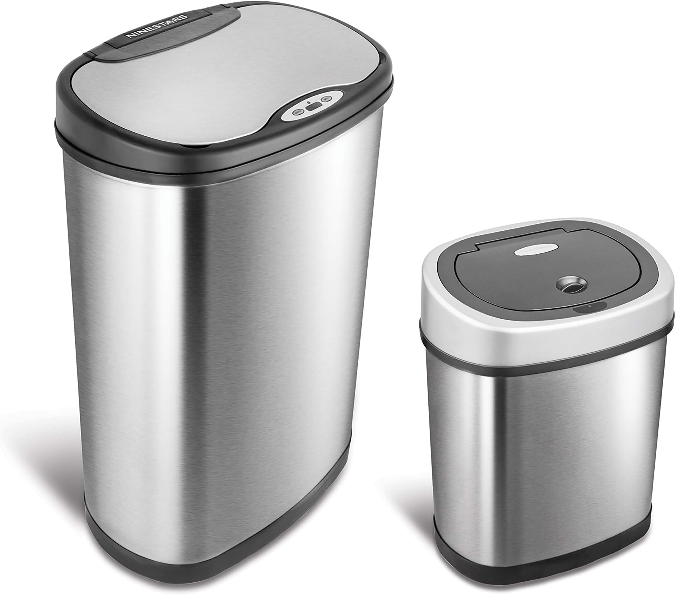 Ninestars 2-Piece Automatic Trash Can Combo Set, 13 Gal (50L) & 3 Gal (12L) Touchless Motion Sensor Garbage Cans with Odor-Sealing Lids, Oval Silver Stainless Steel, Black Lid