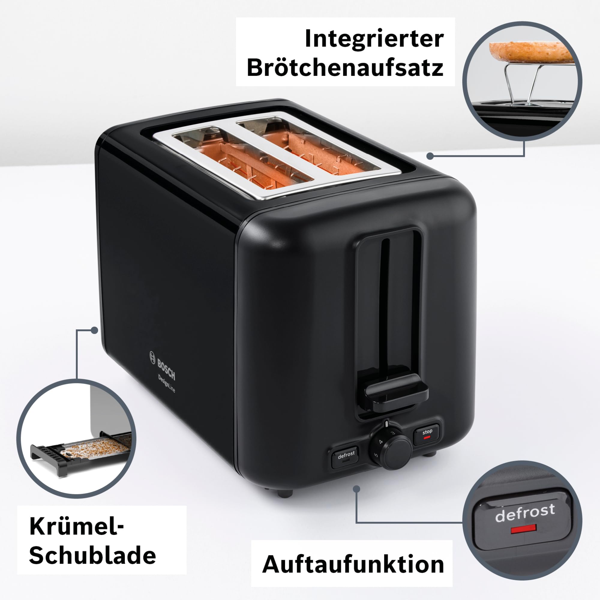 Bosch Kompakt Toaster DesignLine TAT3P423DE, Integrierter Edelstahl-Brötchenaufsatz, Mit Abschaltautomatik, Mit Auftaufunktion, Perfekt Für 2 Scheiben Toast, Liftfunktion, Breit, 970 W, Schwarz
