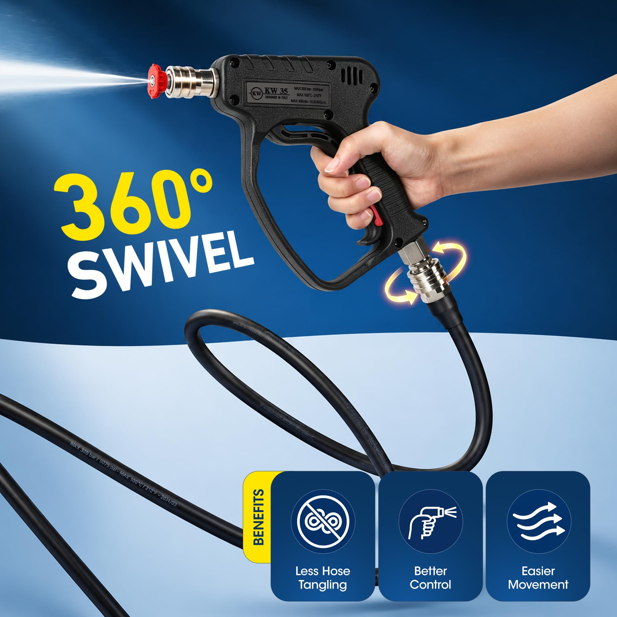 Pistola corta para lavadora a presión, 5000 PSI/10.5 GPM pistola de pulverización de alta potencia con giro rápido de 3/8 pulgadas y conexión M22-14 mm para cañón de espuma para lavado de autos