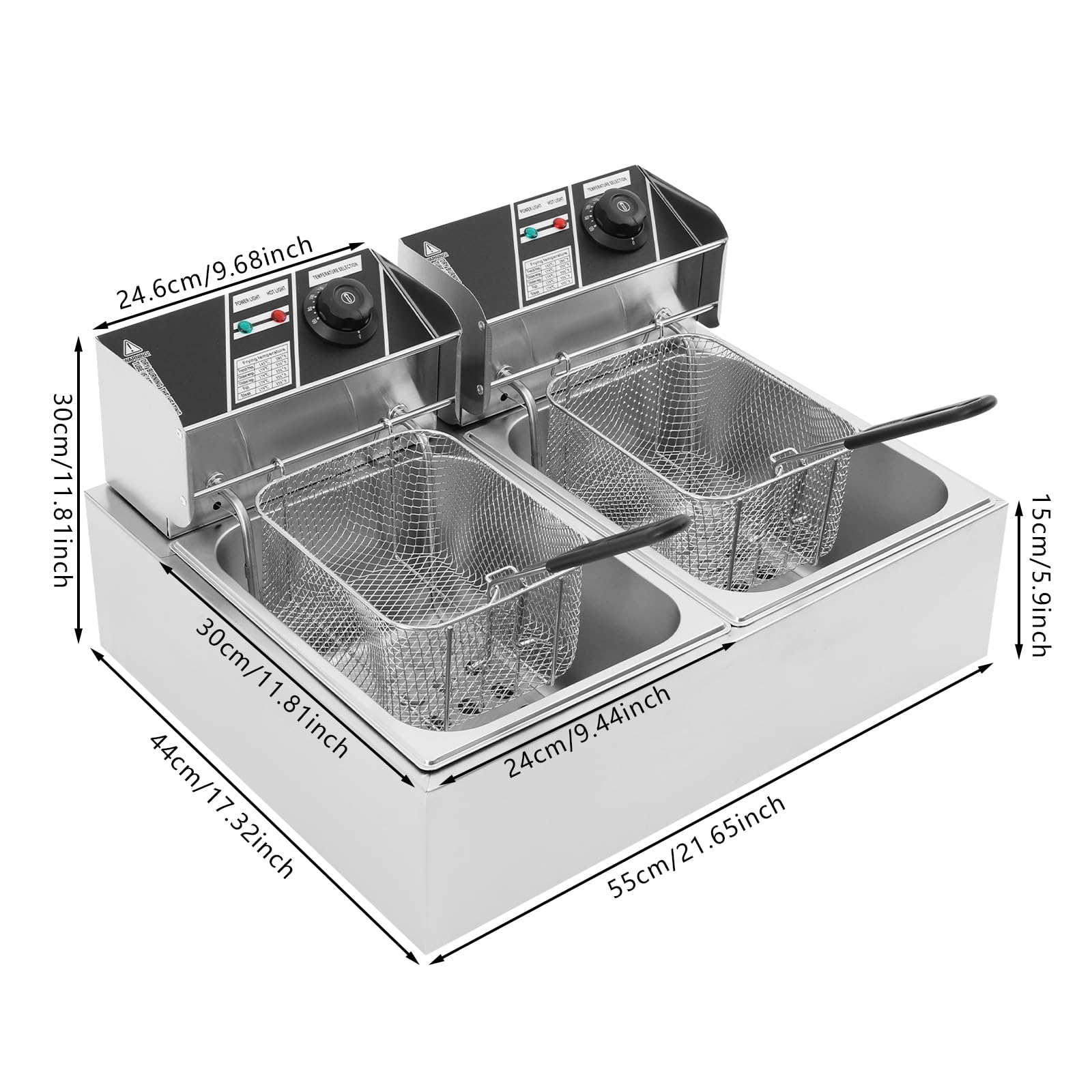 Friggitrice Elettrica Commerciale 2 Vasche da 12 L 2,5 KW Friggitrice ad Olio in Inox con 2 Cesti per Friggitrice e Tempo Regolabile 60-200 °C per Rondelle di Cipolla fritta Snack Bar (AC 220-240V)
