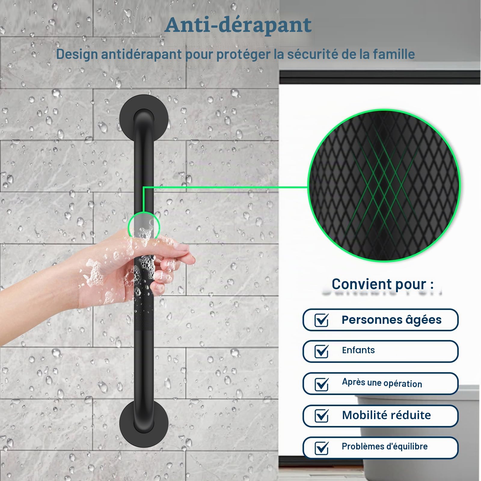 YF Lot de 2 Barres d'appui Salle de Bain, Poignées de Douche Antidérapantes en Acier Inox 201, Barres de douche de 30 cm, Sécurité pour Seniors, Handicapés et Enfants, Couleur, Noire