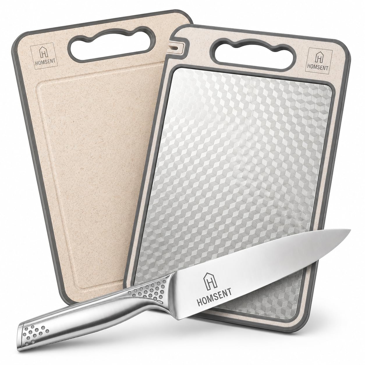 Set Cuchillo Chef 8" + Tabla Cortar Doble Cara | Afilador Integrado | |Antideslizante | Recetario con IA | Acero Inoxidable 304 y Fibra | Regalo Cocina | HOMSENT