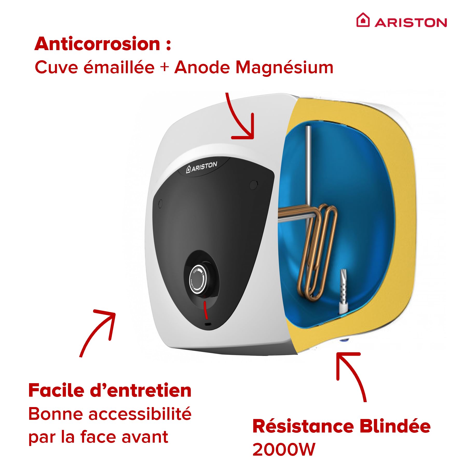 Ariston ANDRIS LUX - Chauffe-eau électrique Sur Évier 30 litres - Puissance 2000W - Compact, facile à utiliser - Conçu et fabriqué pour être installé en France