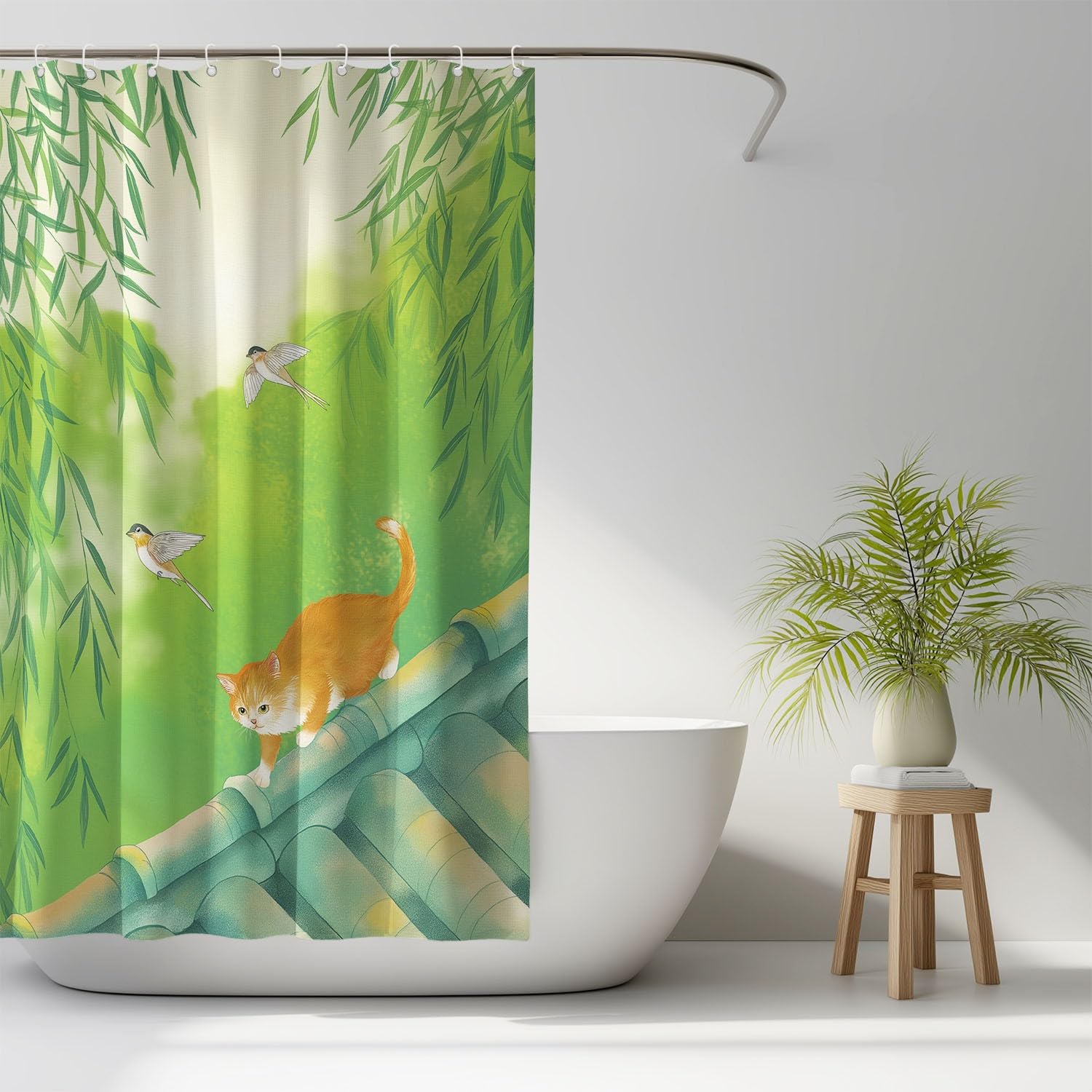 Genérico Zasłona prysznicowa 240 x 200 cm, 1 sztuka, miękka mikrofibra, wodoodporna i odporna na pleśń, zmywalna, do łazienki lub wanny, z oczkami i haczykami, zielony, kreskówka szczęśliwy kot