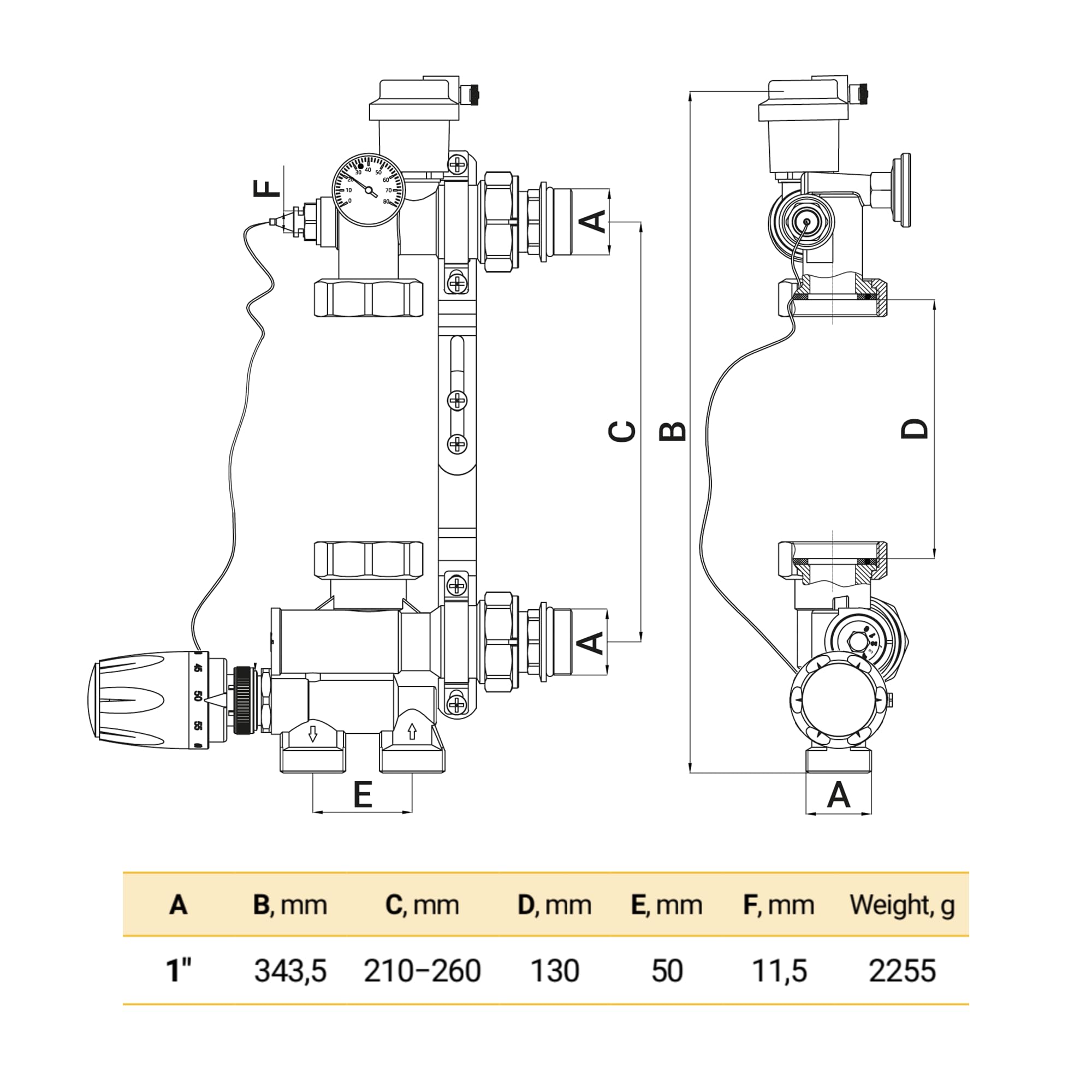 Set di Regolazione a Valore Fisso per Riscaldamento a Pavimento, Senza Pompa – Gruppo Miscelatore Termostatico 1”, Valvola Miscelatrice con Testa 20–60°C per Collettore/Caldaia, Ottone