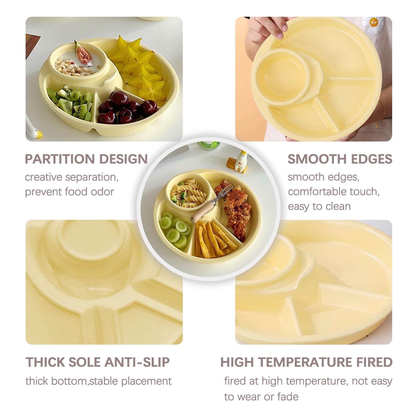Plat séparateur d'aliments, assiette de contrôle d Assiette à dîner en porcelaine avec 4 compartiments, plateau de restauration rapide, plateau rond blanc de 20 cm, lot de 1 - Scratch(Yellow)