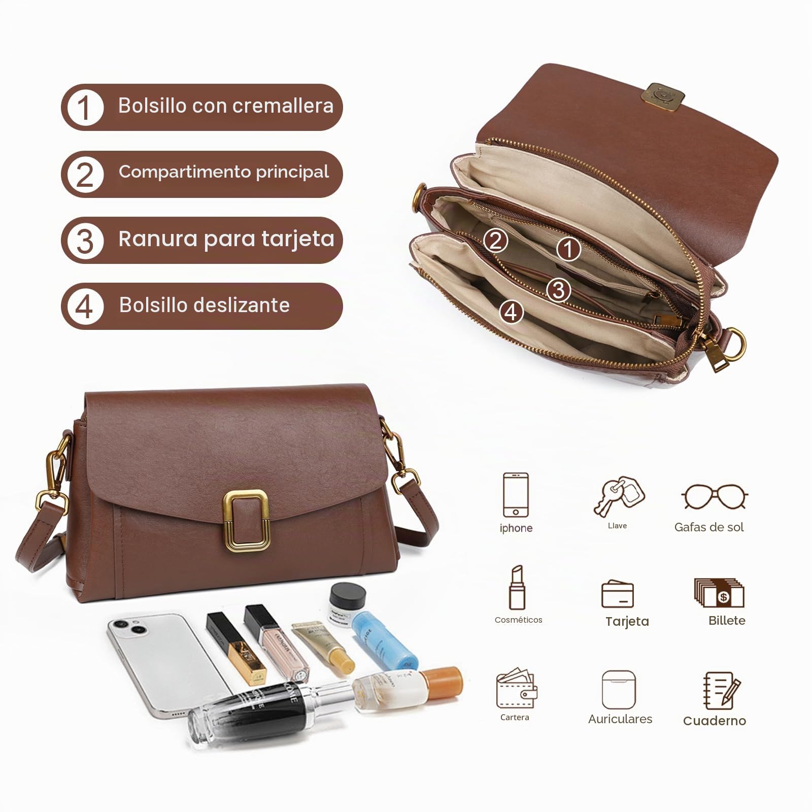 Bolso Bandolera Mujer de Cuero Genuino, Correa Ajustable | Cuero Genuino, 2 Correas Desmontables, Estilo Satchel, Compacto y Ligero, Ideal para Viajes, Uso Diario, Trabajo y Regalo