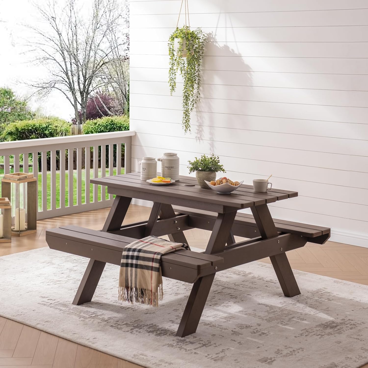 Psilvam Picnic Table with Benches, Seats 4, Heavy-Duty HDPS Tabletop, Weather & UV Resistant Outdoor Picnic Bench Table with Umbrella Hole（Dark Brown）