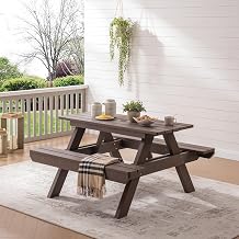 Psilvam Picnic Table with Benches, Heavy Duty Poly Lumber with Umbrella Hole, Weather & UV Resistant Outdoor Picnic Bench Table with Umbrella HoleDark Brown