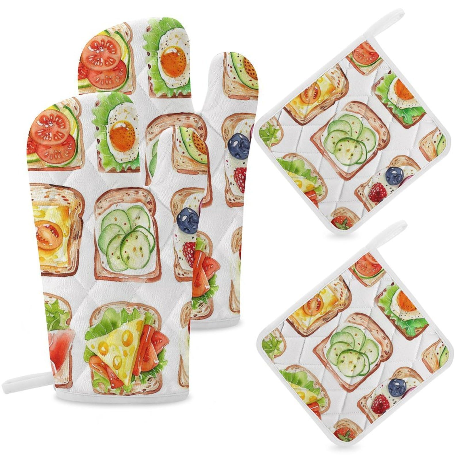 Oven Mitts And Pot Holders Sets of 4 Heat Heat Resistant Oven Gloves Non-Slip Kitchen Mittens Hand Drawn Toast Oven Mitts Hot Pads BBQ Gloves Potholders for Cooking Baking Grilling