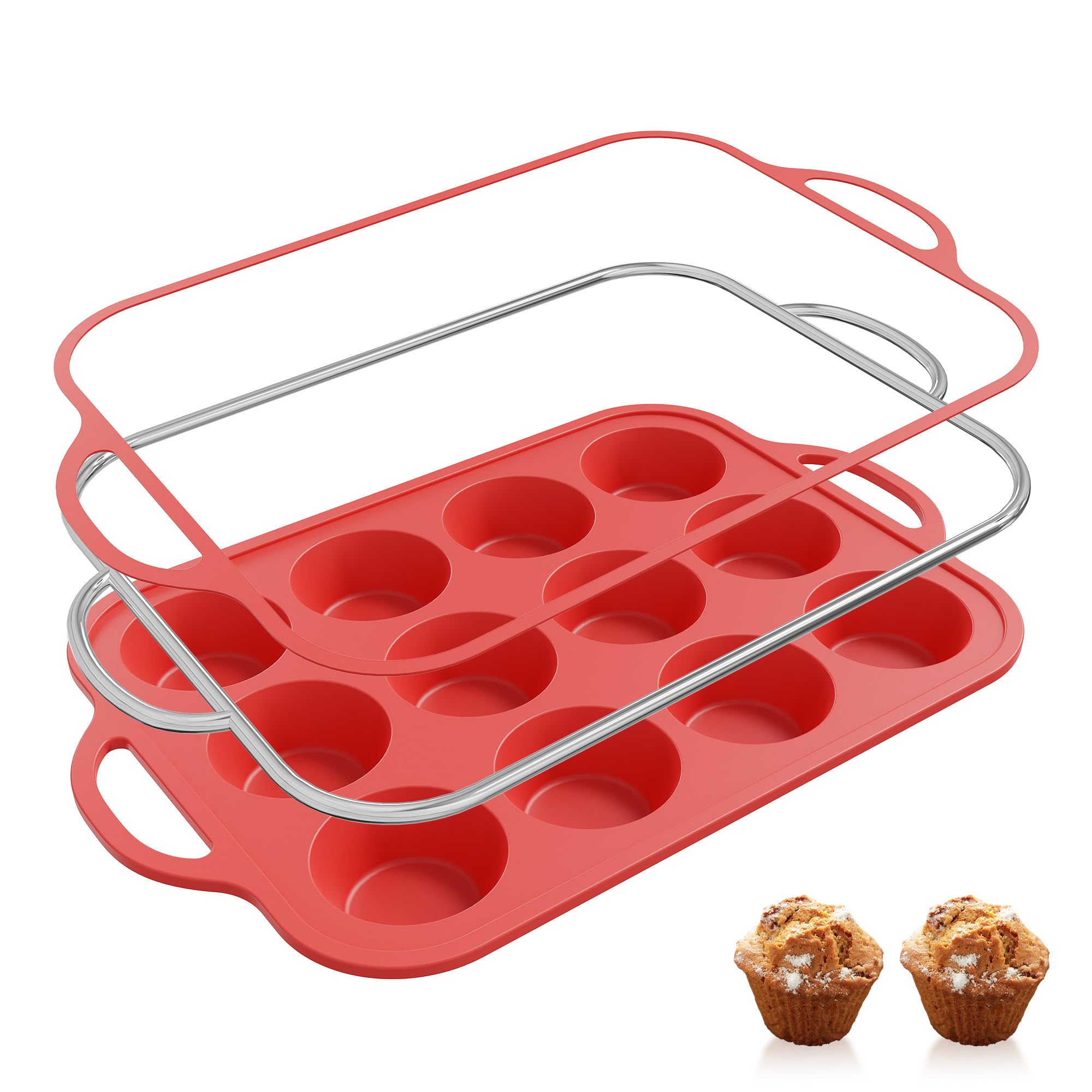 Silicone Muffin Pan for Baking with Metal Reinforced Frame, 12 Cup Regular Size Cupcake Pan Primary Red