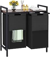 Huhote Double Laundry Hamper Sorter with Top Shelf, 2 Removable Bags, Side Pockets - 112L Capacity for Laundry Room, Bathroom, Dorm - Rustic Brown/Black