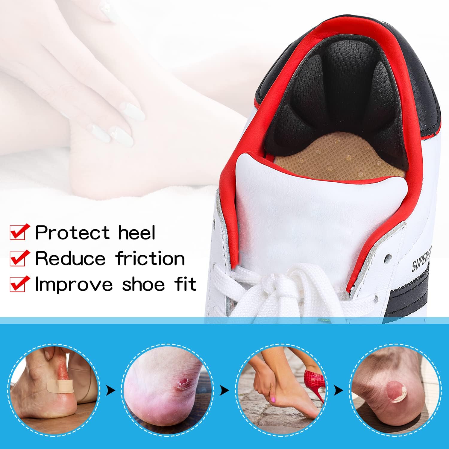 Adhesive Back of Heel Cushion Pads, Heel Grips Inserts for Too Big Loose Shoes, Heel Guards Liners for Women Men, 4pcs-Black+4pcs-Black image 2
