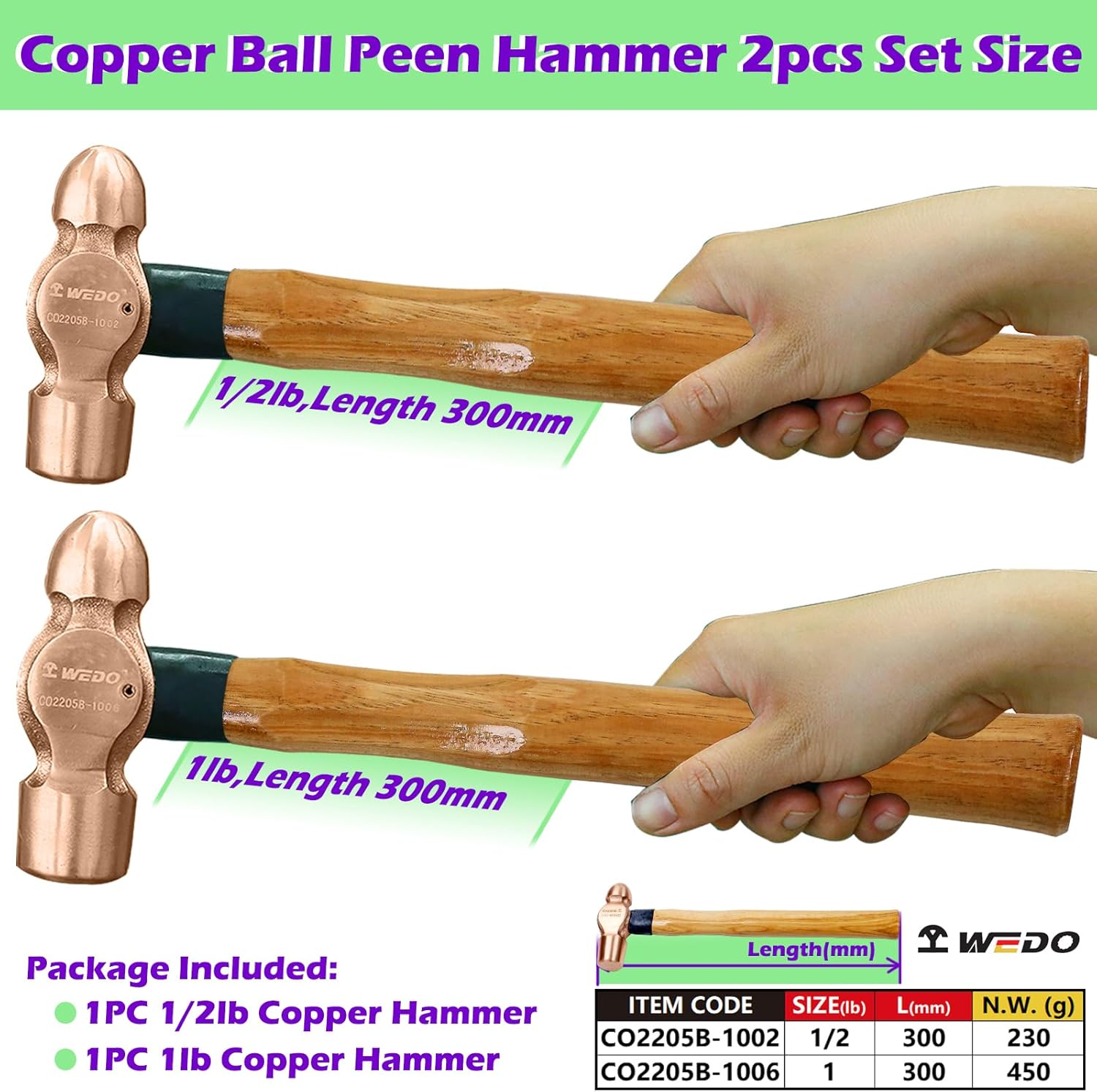 WEDO 2PCS Copper Ball Peen Hammer Set, 8 oz + 16 oz(1/2lb+1lb),Ball Pein Hammer with Wooden Handle, Die-Forged, Corrosion Resistant, DIN Standard