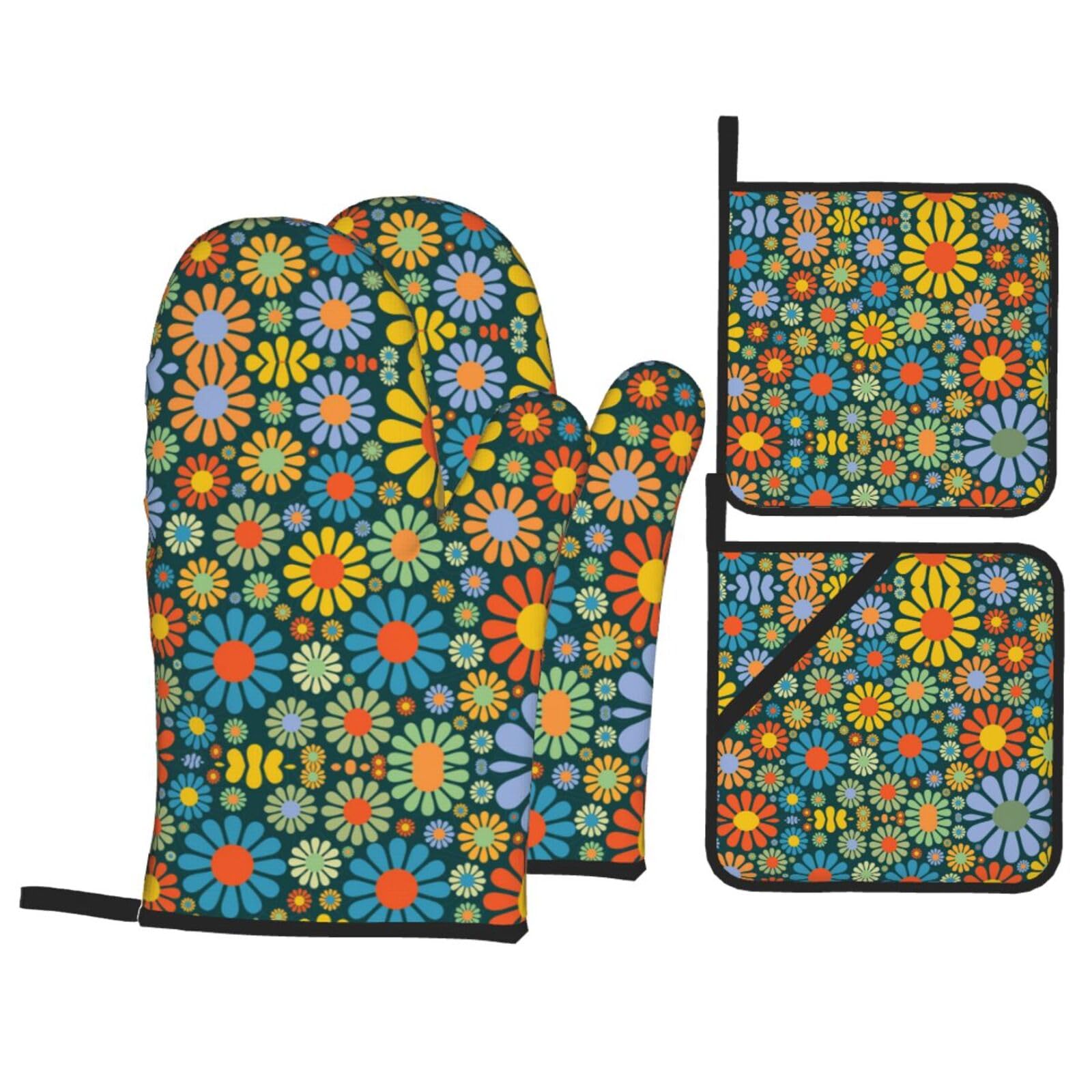 Hippie Art Topfhandschuhe & Topflappen Set (2-teilig) – Bunt, Isoliert, Perfekt Für Backen, Grillen & Küche