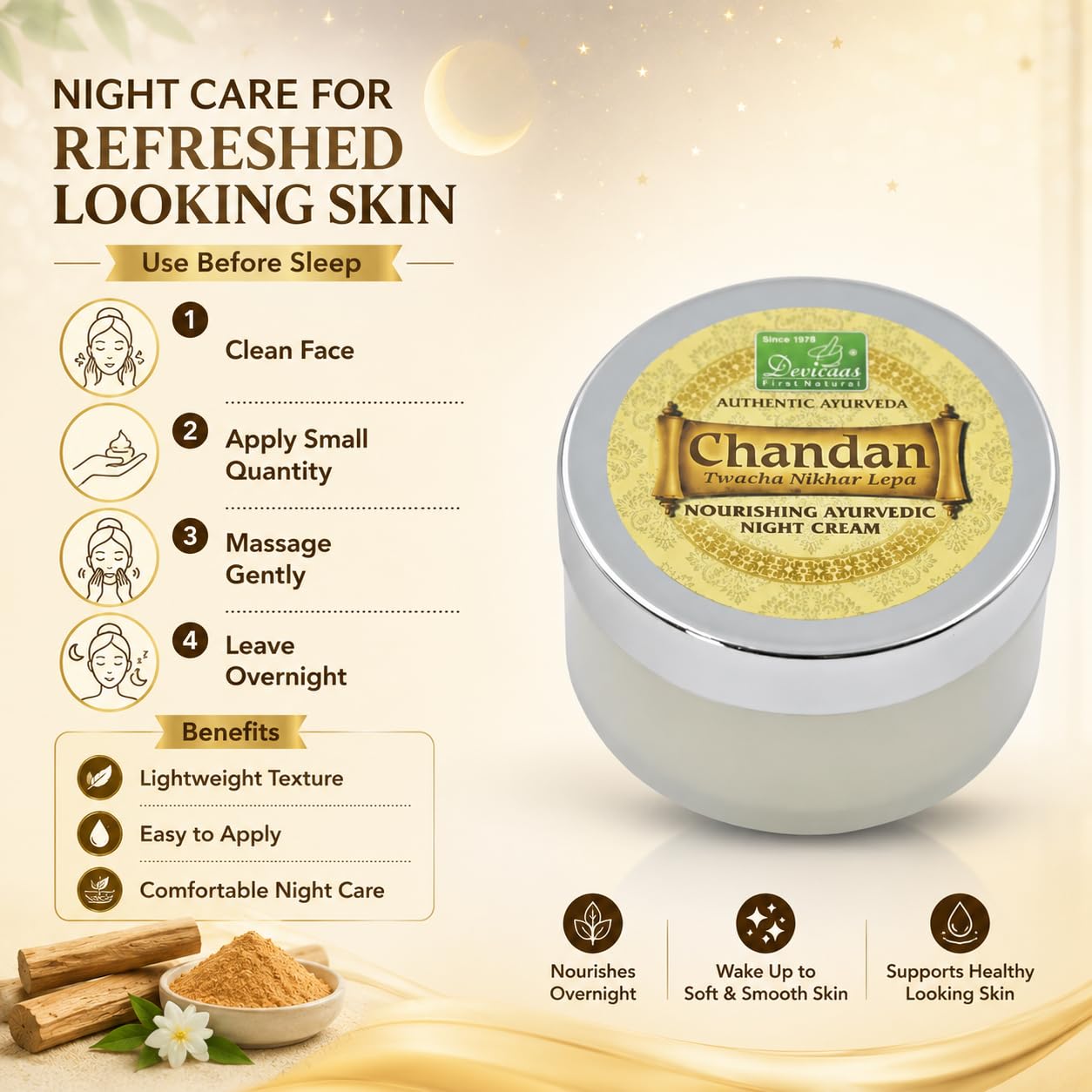 DEVICAAS Chandan Twacha Nikhar Lepa Nourishing Ayurvedic Night Cream for Daily Skin Care | Sandalwood Herbal Formula | Moisturizing Overnight Cream for Soft Smooth Skin | Suitable for Men & Women | 50g 2