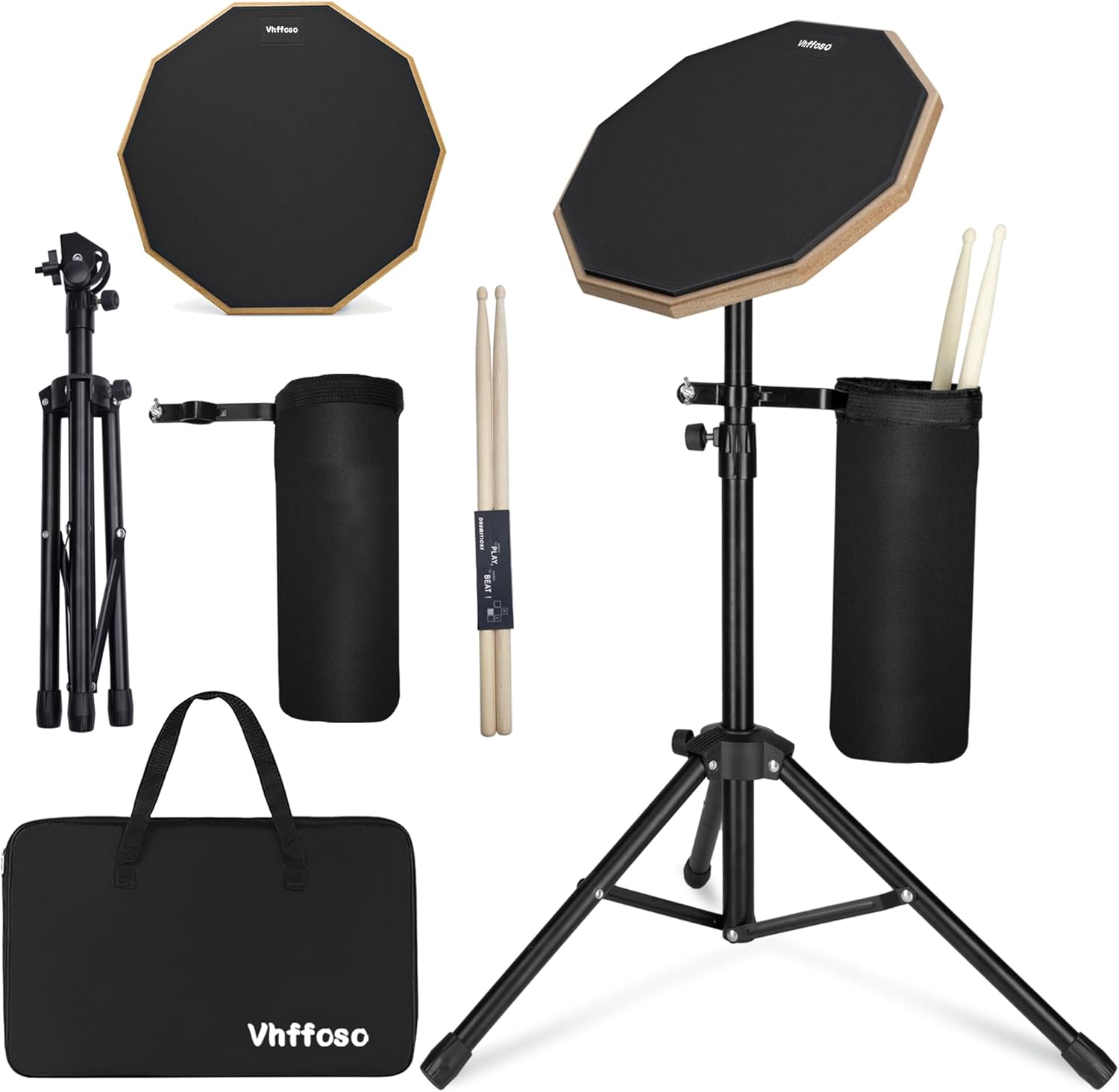 12 Inch Practice Drum Pad with Stand and Sticks, Beginner Snare Drum Pad with Drumsticks(2 pairs) and Carrying Bag, Double Sided Silent Drum Pad (Black)