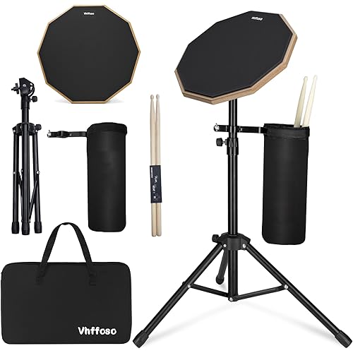 12 Inch Practice Drum Pad with Stand and Sticks, Beginner Snare Drum Pad with Drumsticks(2 pairs) and Carrying Bag, Double Sided Silent Drum Pad (Black)