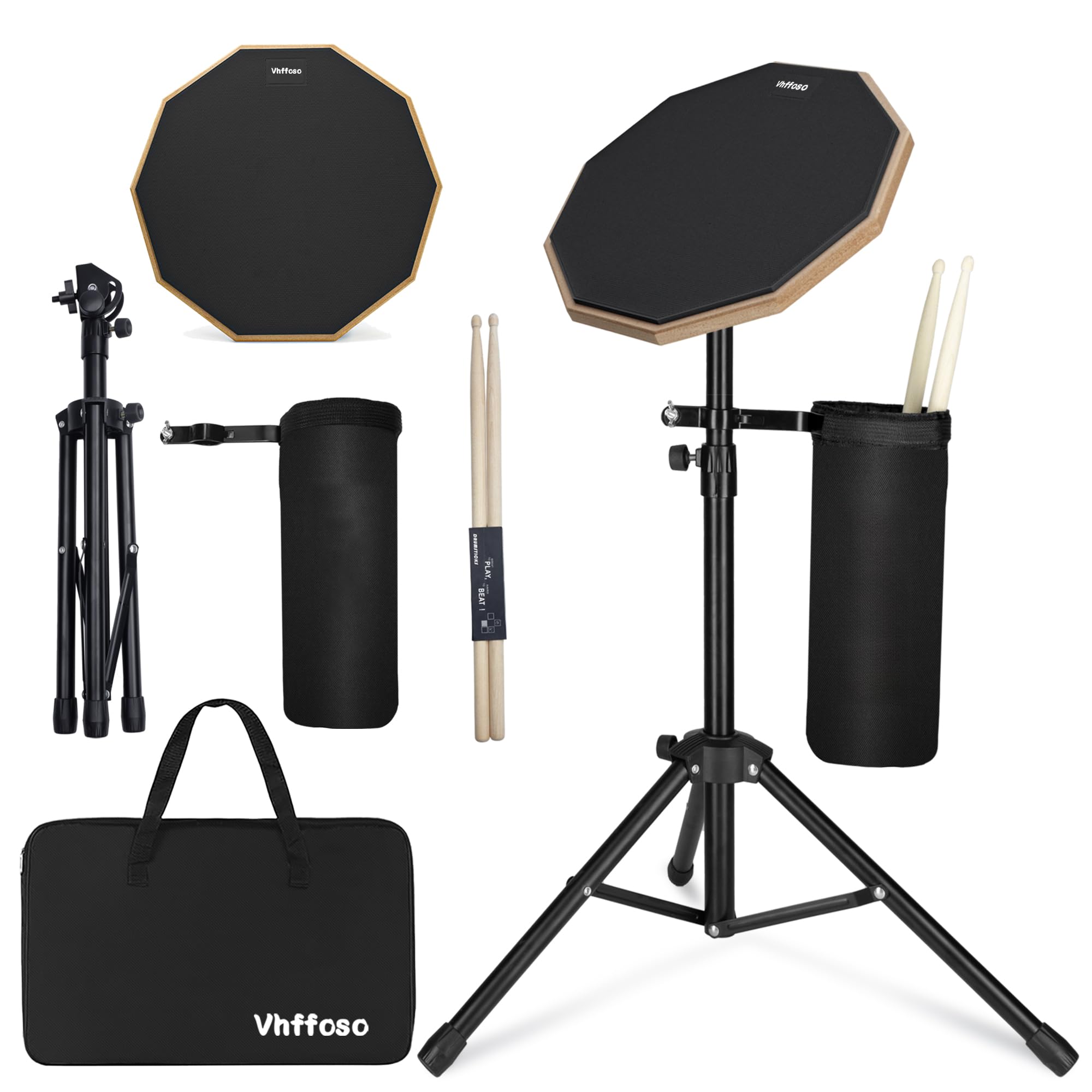 12 Inch Practice Drum Pad with Stand and Sticks, Beginner Snare Drum Pad with Drumsticks(2 pairs) and Carrying Bag, Double Sided Silent Drum Pad (Black)