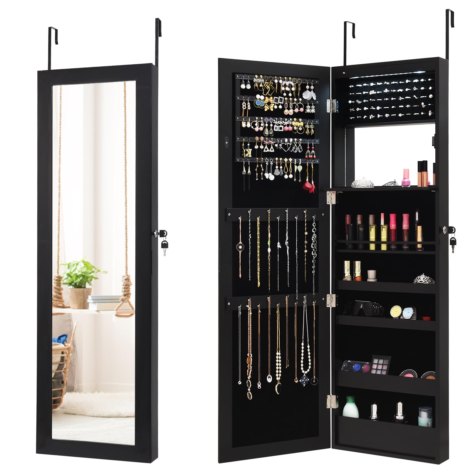 RELAX4LIFE Schmuckschrank mit Spiegels, Spiegelschrank mit Automatischen LEDs & Klappbarer Ablage, Schmuckorganizer für Ohrringe Armband Kosmetik, Hängend & Abschließbar, Tür- & Wandmontage (Schwarz)