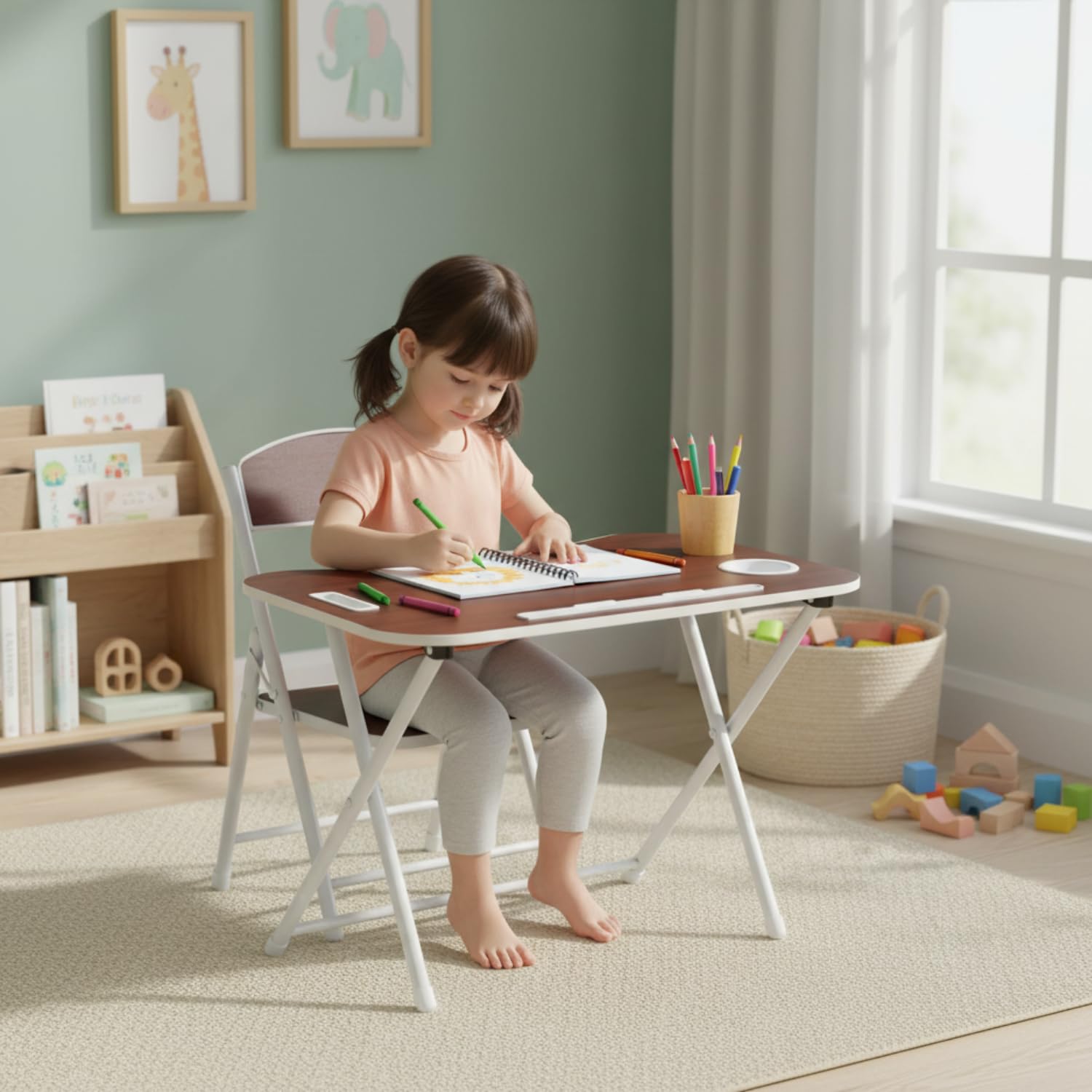 The Tickle Toe Kids Foldable Study Table and Chair Set | Brown | Folding Desk & Chair for Toddlers Age 2-5 | Compact Home Study Furniture | Durable MDF & Metal | Made in India