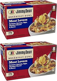 Gourmet Kitchn Jimmy Dean Meat Lovers Breakfast Bowls - 2 Boxes (8 Bowls Each, 16 Bowls Total) - Potatoes, Sausage, Eggs, Cheddar Cheese and Bacon - Frozen Meal