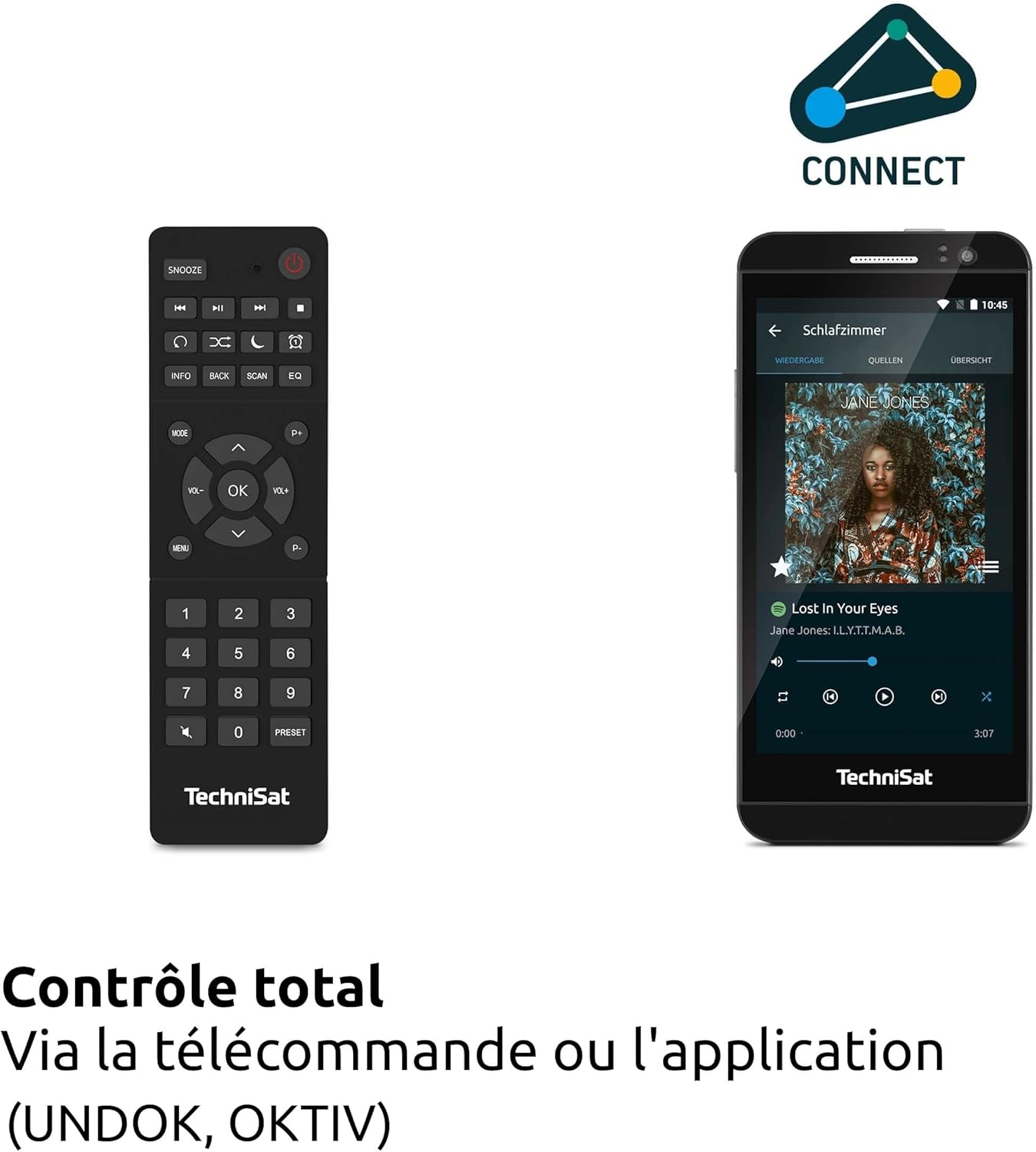 TechniSat DIGITRADIO 371 IR remote control and a smartphone displaying the UNDOK app interface.