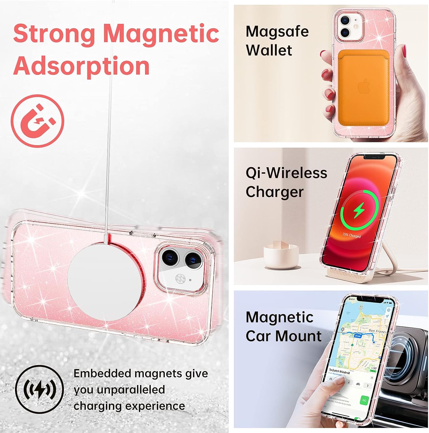 Facbiny Upgraded Magnetic Glitter Case Designed for iPhone 12/12 Pro 6.1 Inch Compatible with Magsafe, [Military Grade Protection] Crystal Bling Shockproof Phone Case for Women Girls, Sparkle Pink