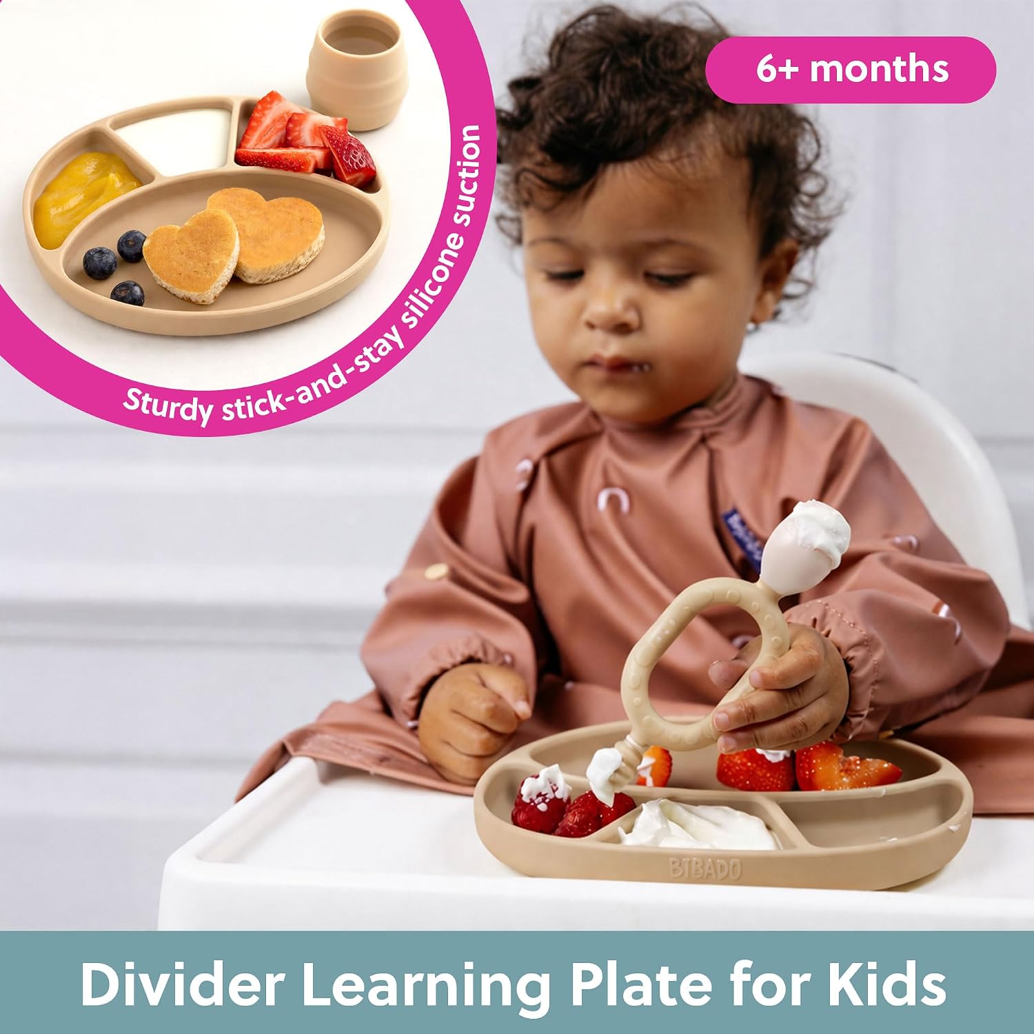 BIBaDO - Silicone Suction Divider Plate (Fawn) - Toddler Plates - Help Develop Motor Skills - Durable, Dishwasher & Microwave Safe, BPA Free - Medical Grade - Baby Essentials - 6 Months to 3 Years