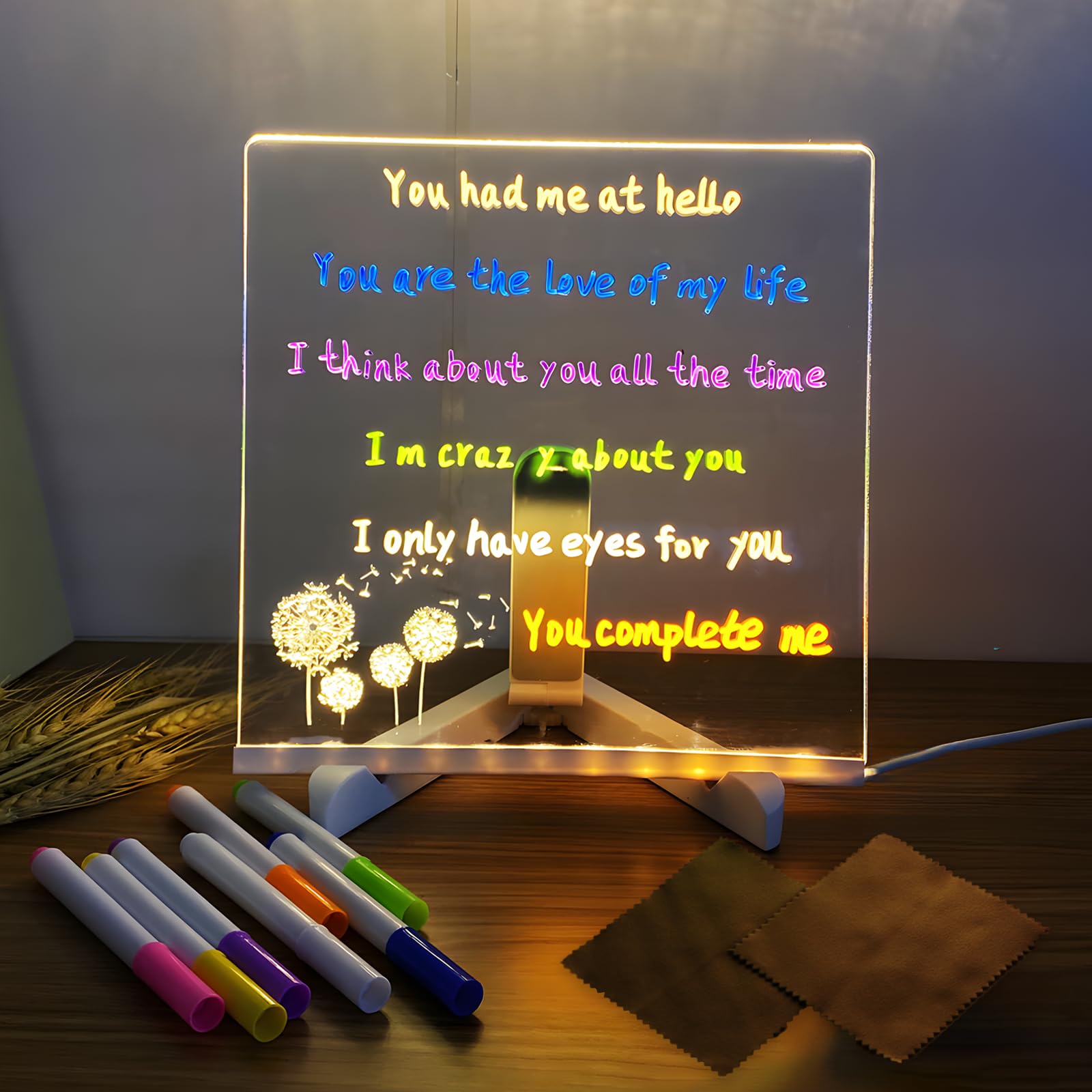 LED Note Board with Colors, Acrylic Dry Erase Board with Light, Light up Dry Erase Board with Stand as a Glow Memo Message Board Note Glass Led Board with 7 Pen for Office School Home