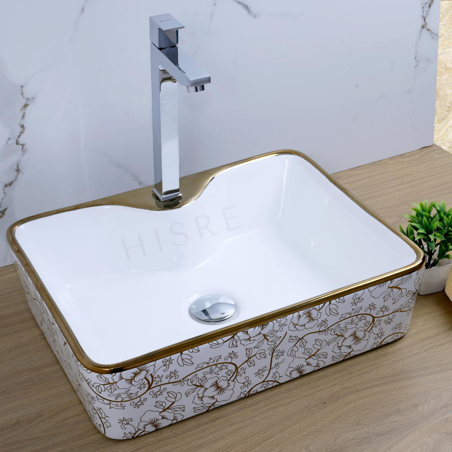 HISRE Table Top Wash Basin For Bathroom | Over Counter Top Wash Basin For Living Room | Washbasin Countertop | Tabletop Ceramic Bathroom Kitchen Sink (18 x 14 x 5.5 Inch) (SKTHI1002), photo 4 of 5