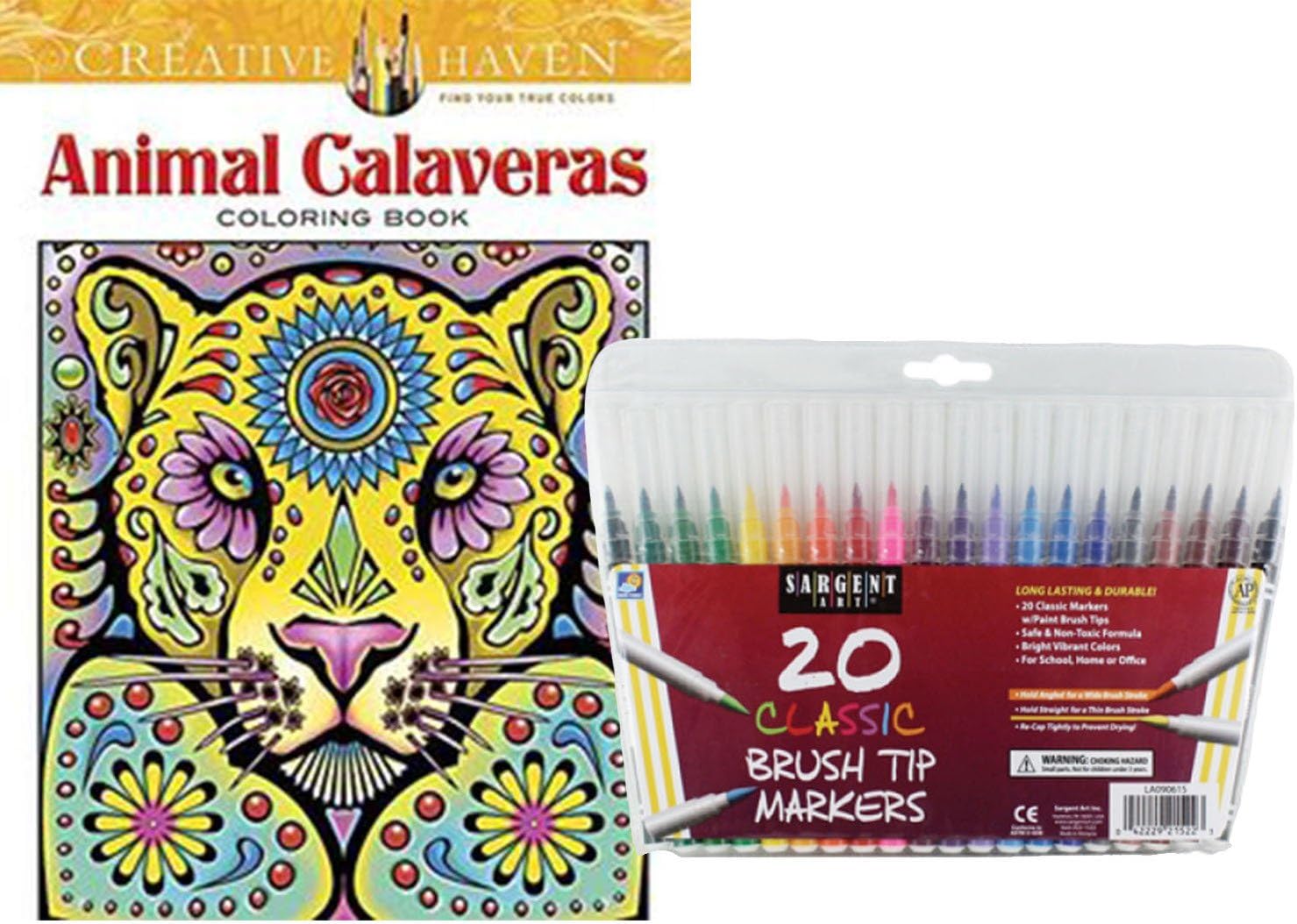 Dover Adult Coloring Book, Animal Calaveras and Sargent Art Firm Brush Tip Markers in a Case, Set of 20: Stress Relieving, Elaborate Wild Creatures to Color and Enjoy!